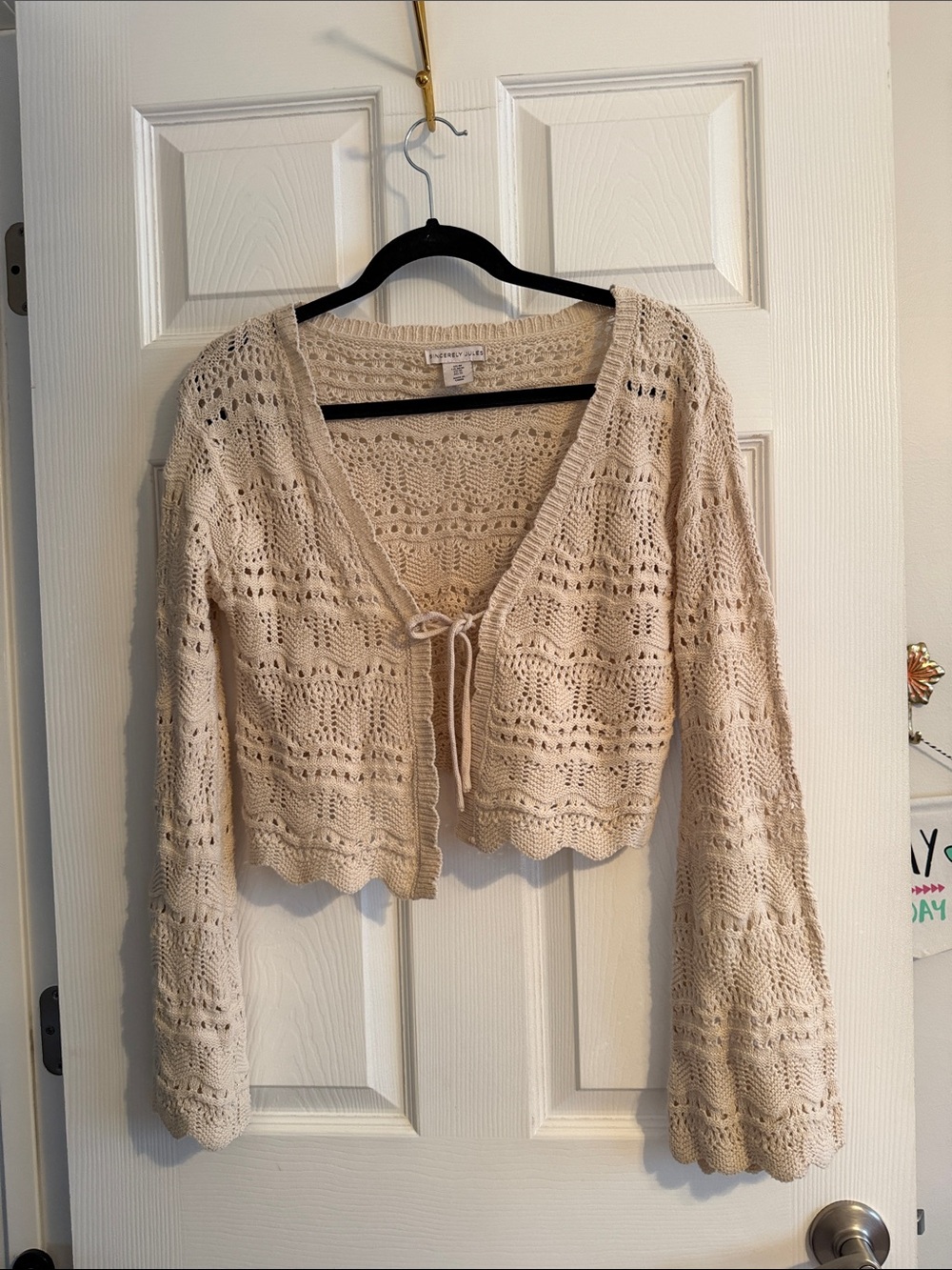 Sincerely Jules Openwork Tie-Front Crochet Cardigan - Cream